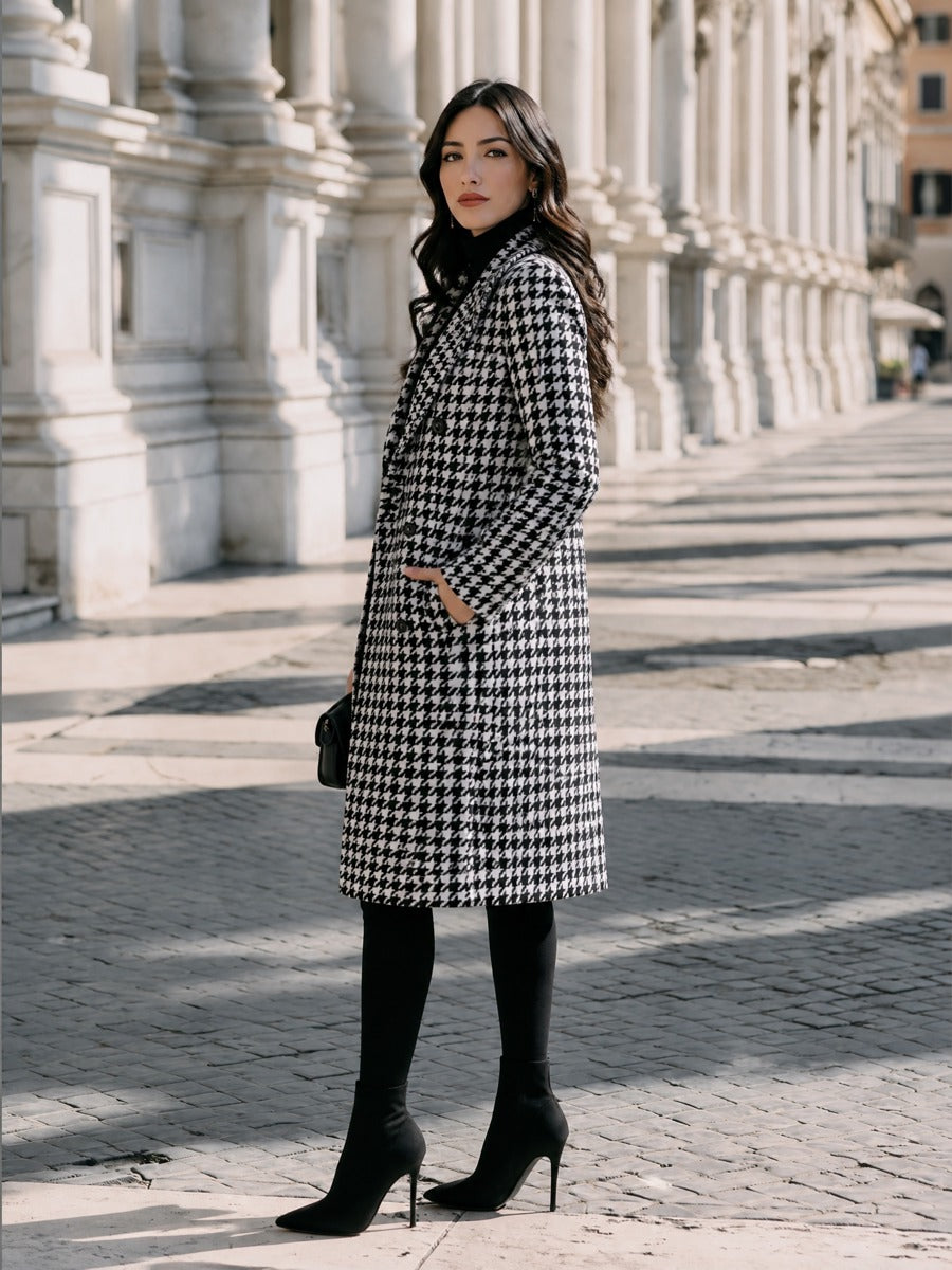 Double-Breasted Houndstooth Wool-Look Longline Coat - Marl &amp; Mere