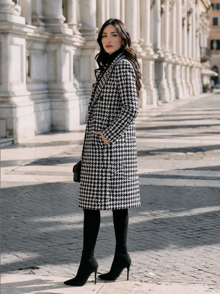 Double-Breasted Houndstooth Wool-Look Longline Coat - Marl &amp; Mere