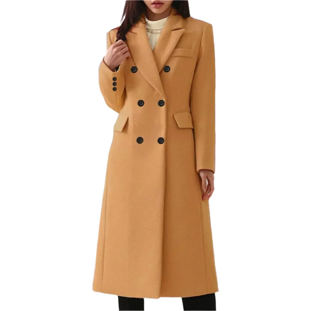Double-Breasted Long Coat with Turn-Down Collar and Side Pockets