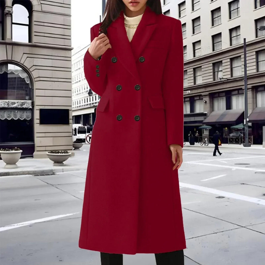 Double-Breasted Long Coat with Turn-Down Collar and Side Pockets