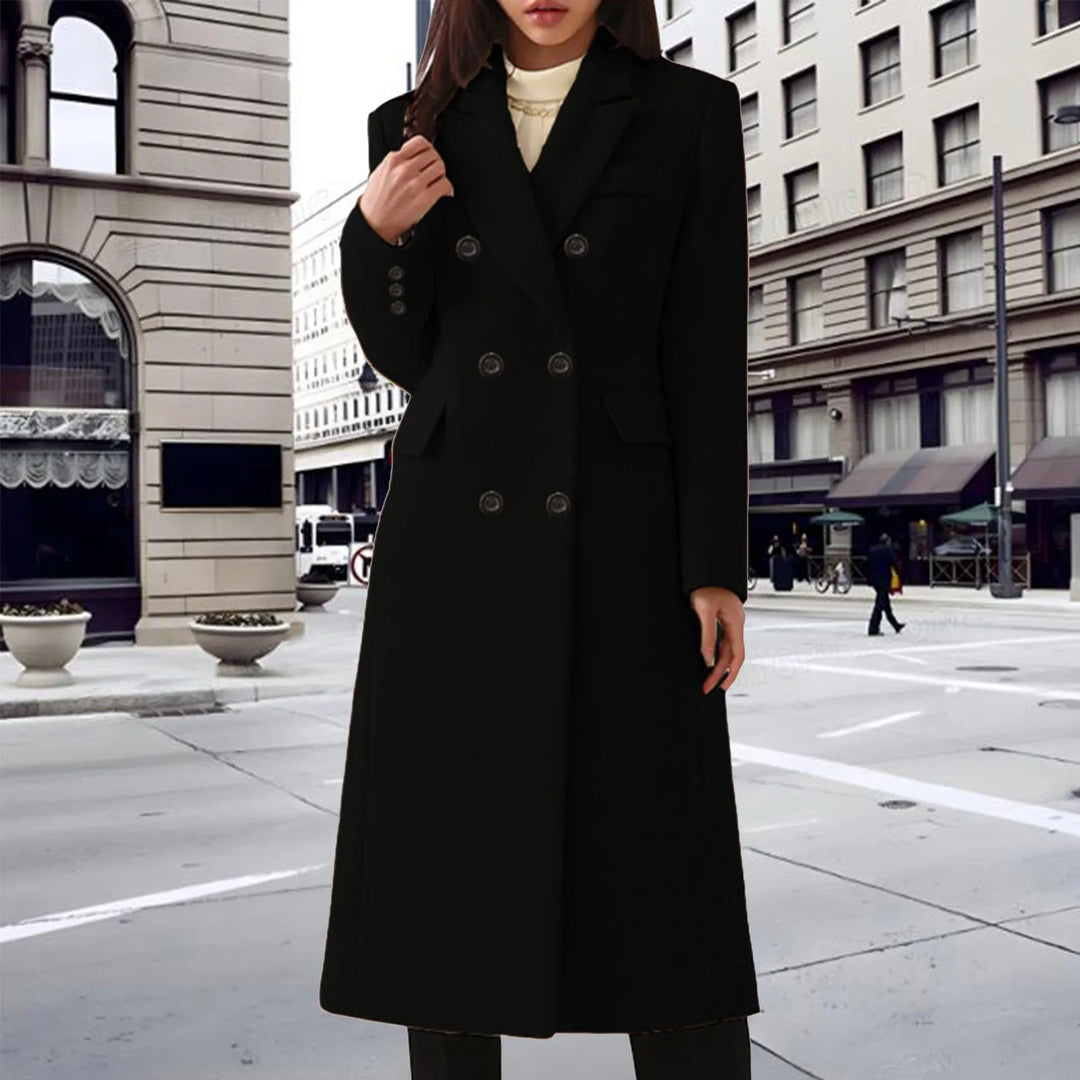Double-Breasted Long Coat with Turn-Down Collar and Side Pockets