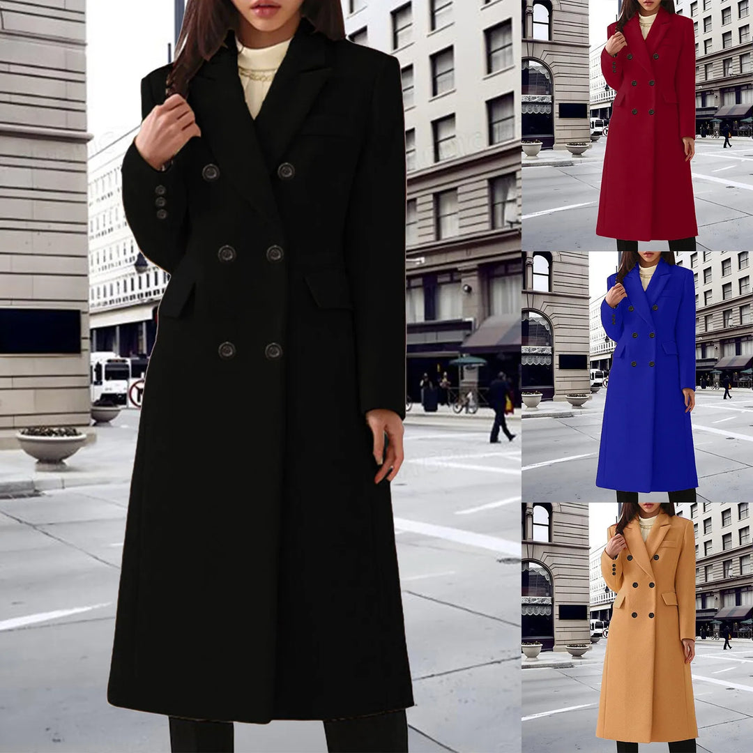 Double-Breasted Long Coat with Turn-Down Collar and Side Pockets