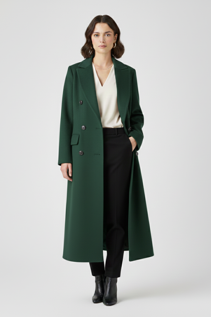 Double-Breasted Longline Coat with Notch Lapels and Flap Pockets