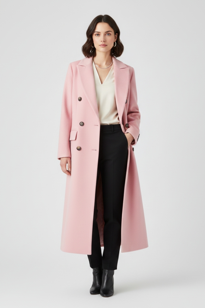 Double-Breasted Longline Coat with Notch Lapels and Flap Pockets