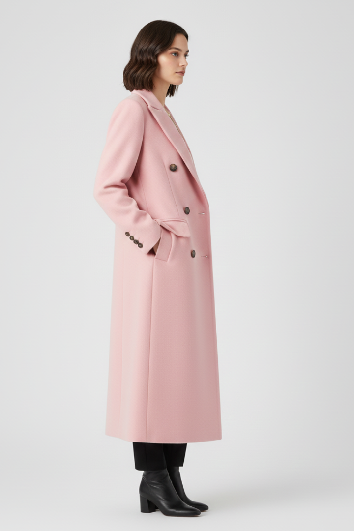 Double-Breasted Longline Coat with Notch Lapels and Flap Pockets
