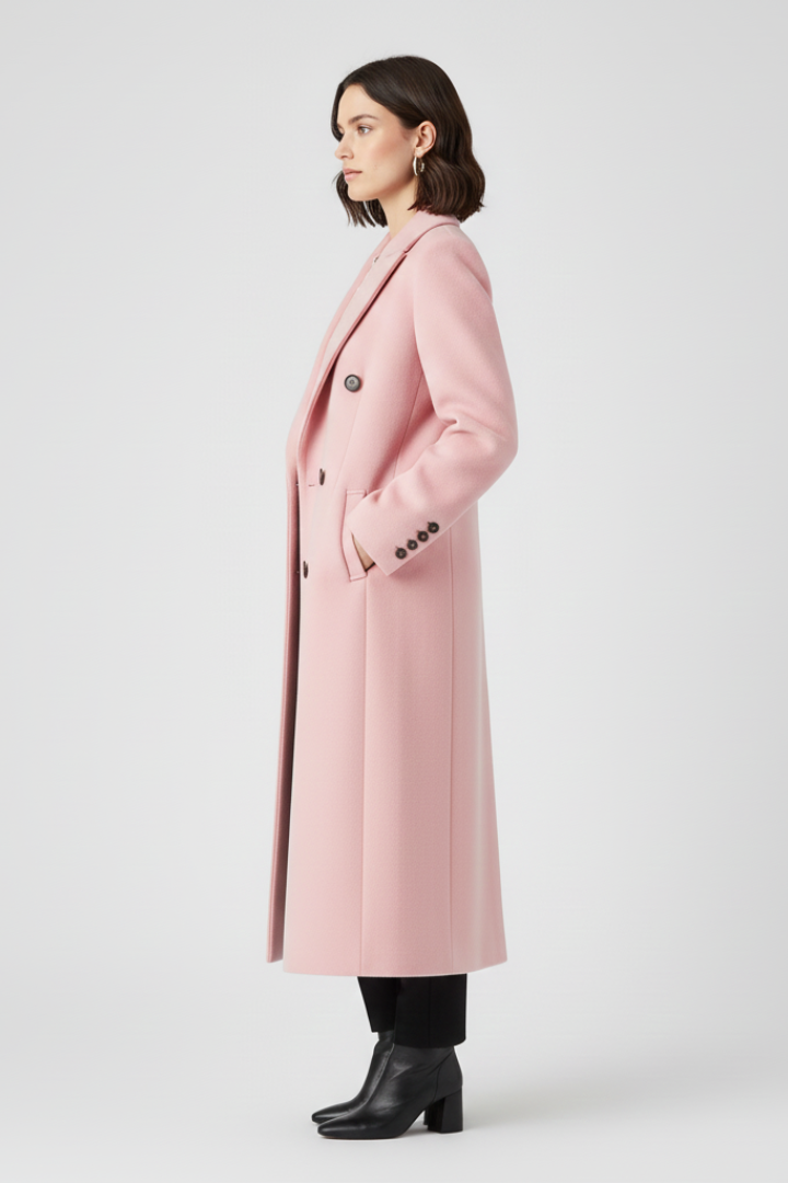 Double-Breasted Longline Coat with Notch Lapels and Flap Pockets