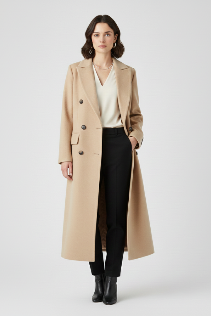 Double-Breasted Longline Coat with Notch Lapels and Flap Pockets