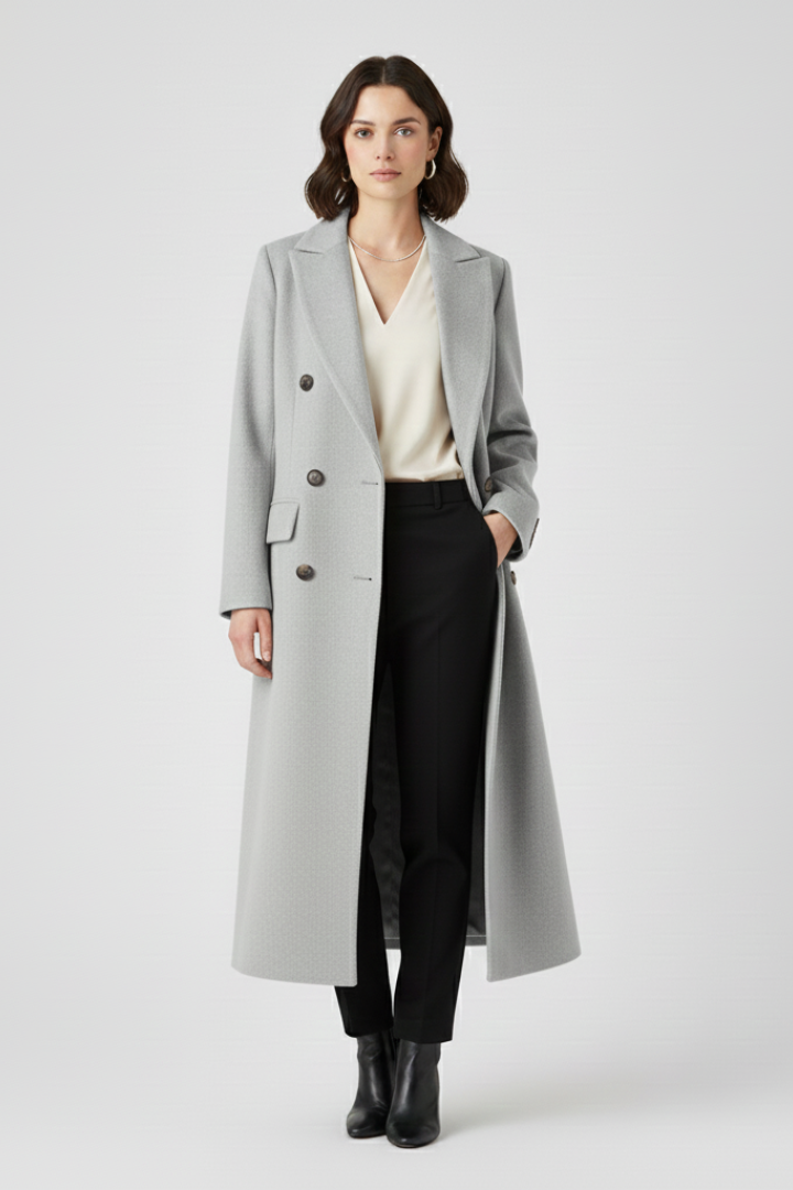 Double-Breasted Longline Coat with Notch Lapels and Flap Pockets