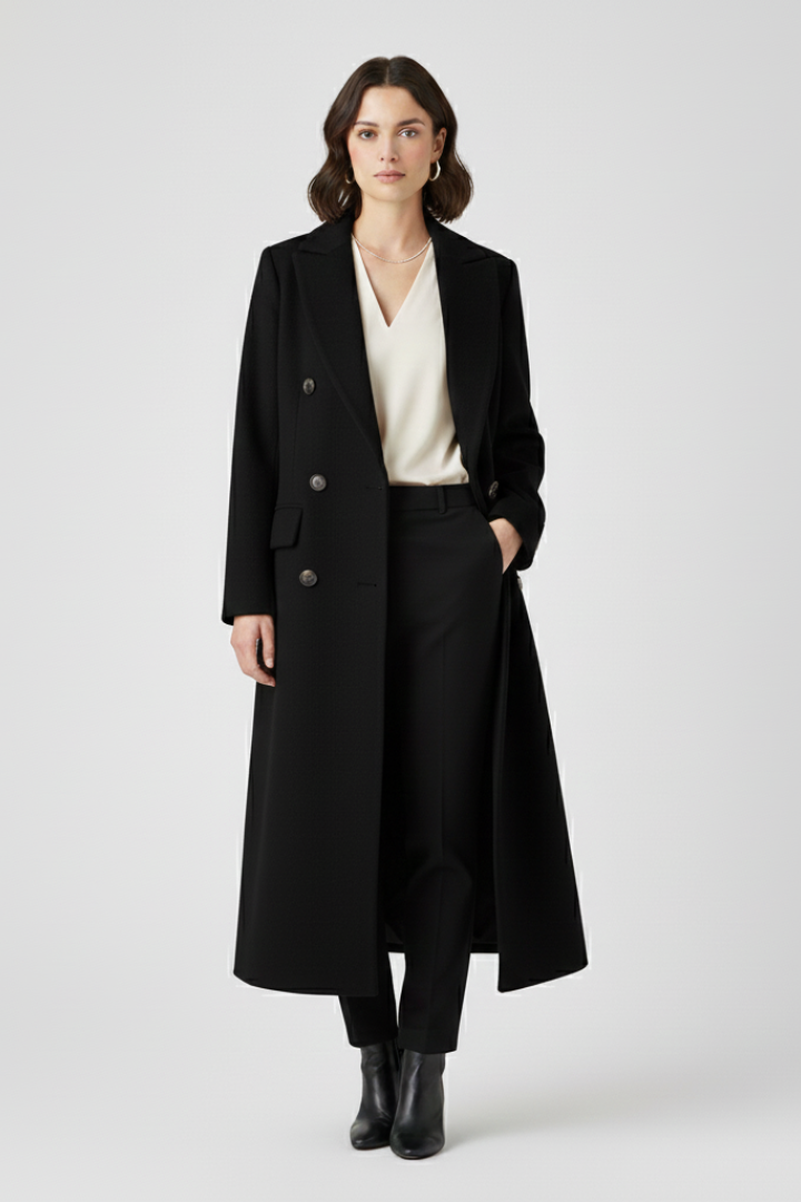 Double-Breasted Longline Coat with Notch Lapels and Flap Pockets