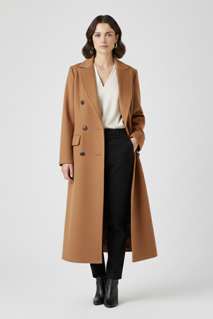Double-Breasted Longline Coat with Notch Lapels and Flap Pockets