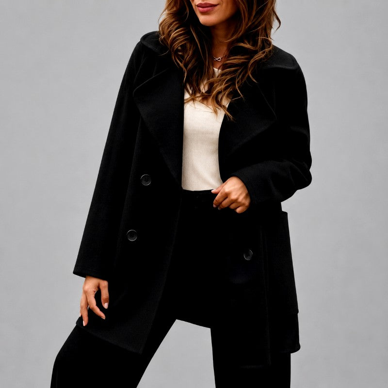 Double-Breasted Longline Coat with Wide Draped Lapels