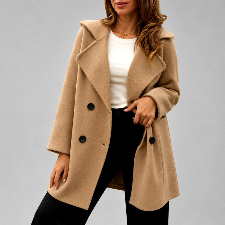 Double-Breasted Longline Coat with Wide Draped Lapels