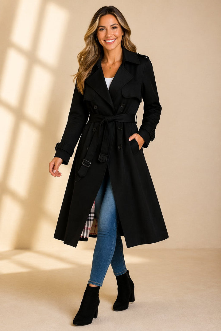 Double-Breasted Maxi Trench Coat with Tie Belt and Tartan Lining