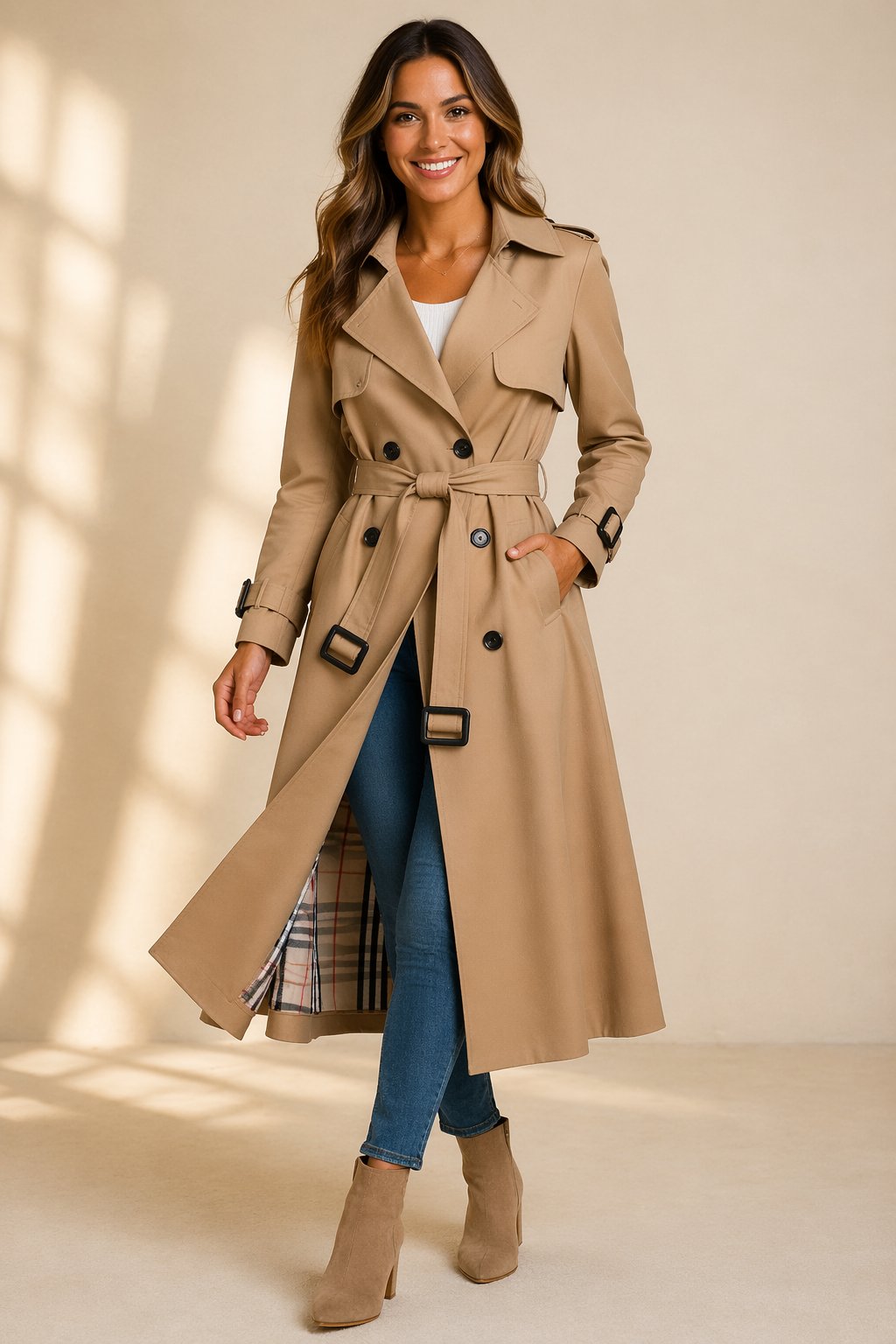 Double-Breasted Maxi Trench Coat with Tie Belt and Tartan Lining