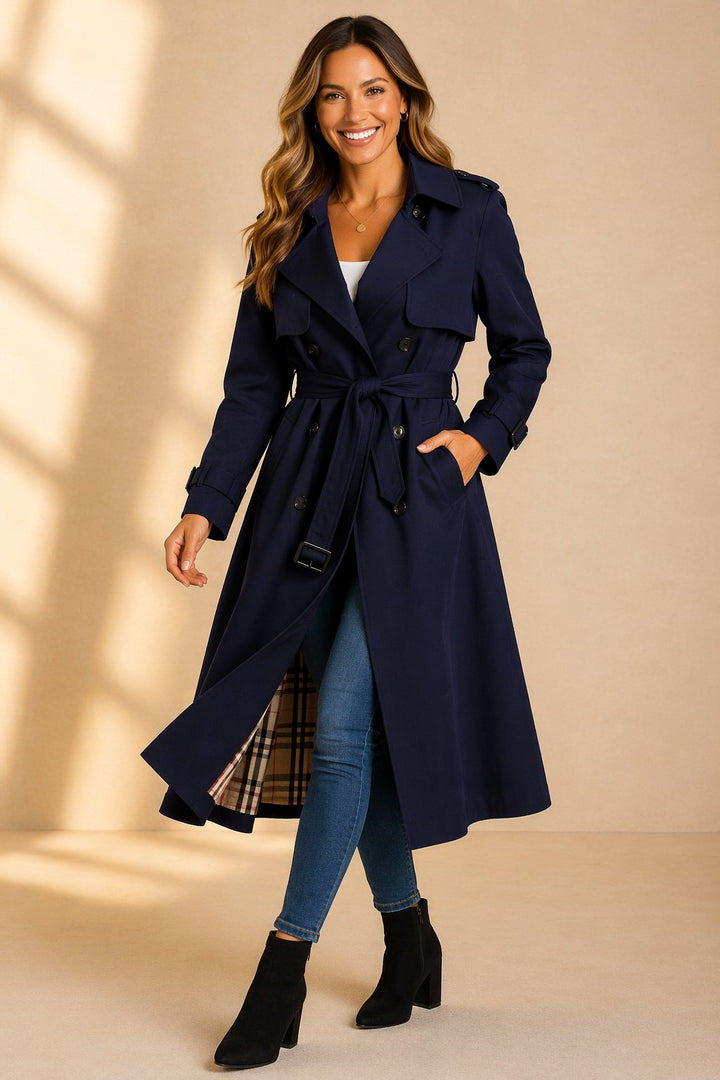 Double-Breasted Maxi Trench Coat with Tie Belt and Tartan Lining