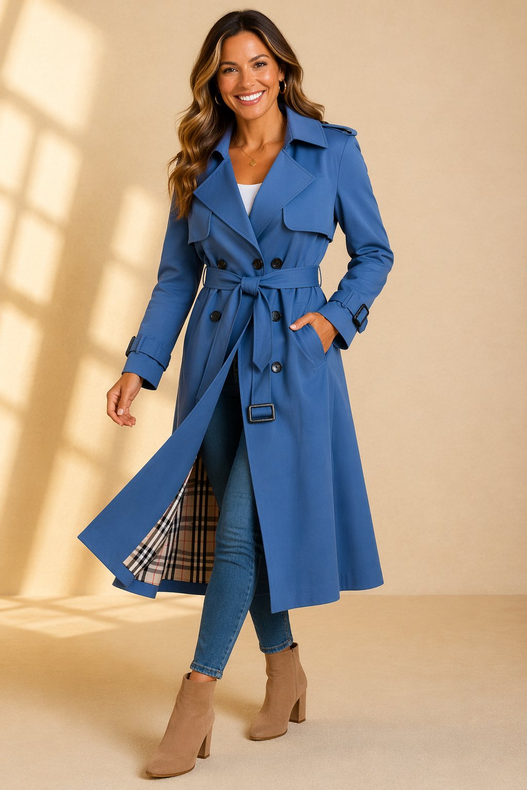 Double-Breasted Maxi Trench Coat with Tie Belt and Tartan Lining