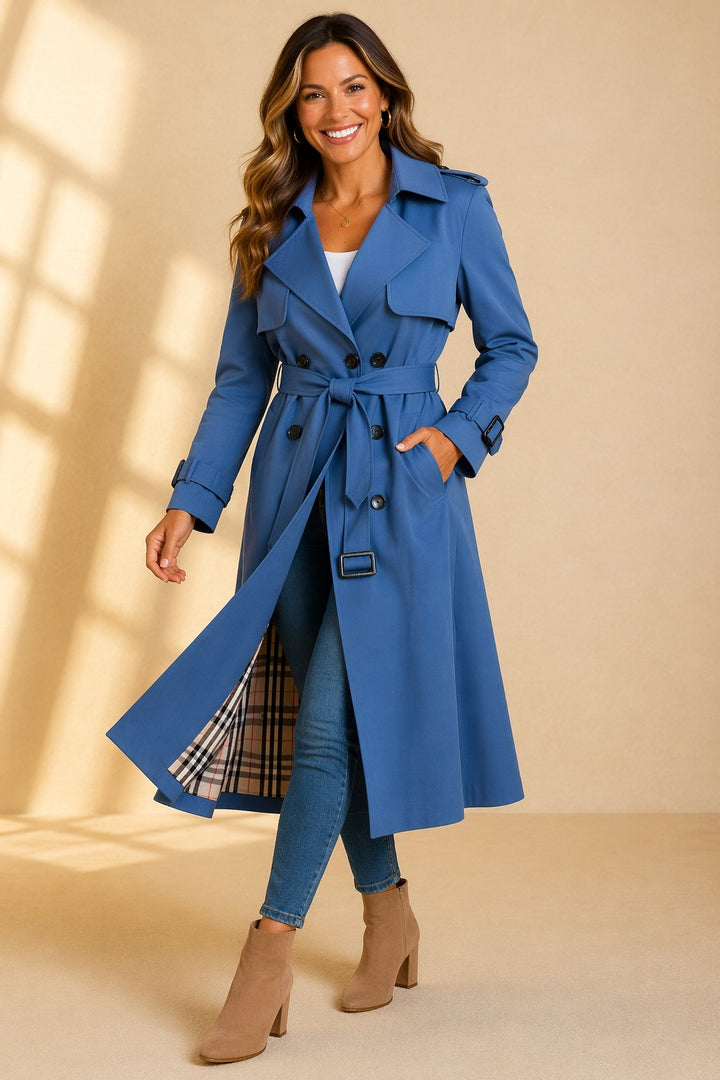 Double-Breasted Maxi Trench Coat with Tie Belt and Tartan Lining