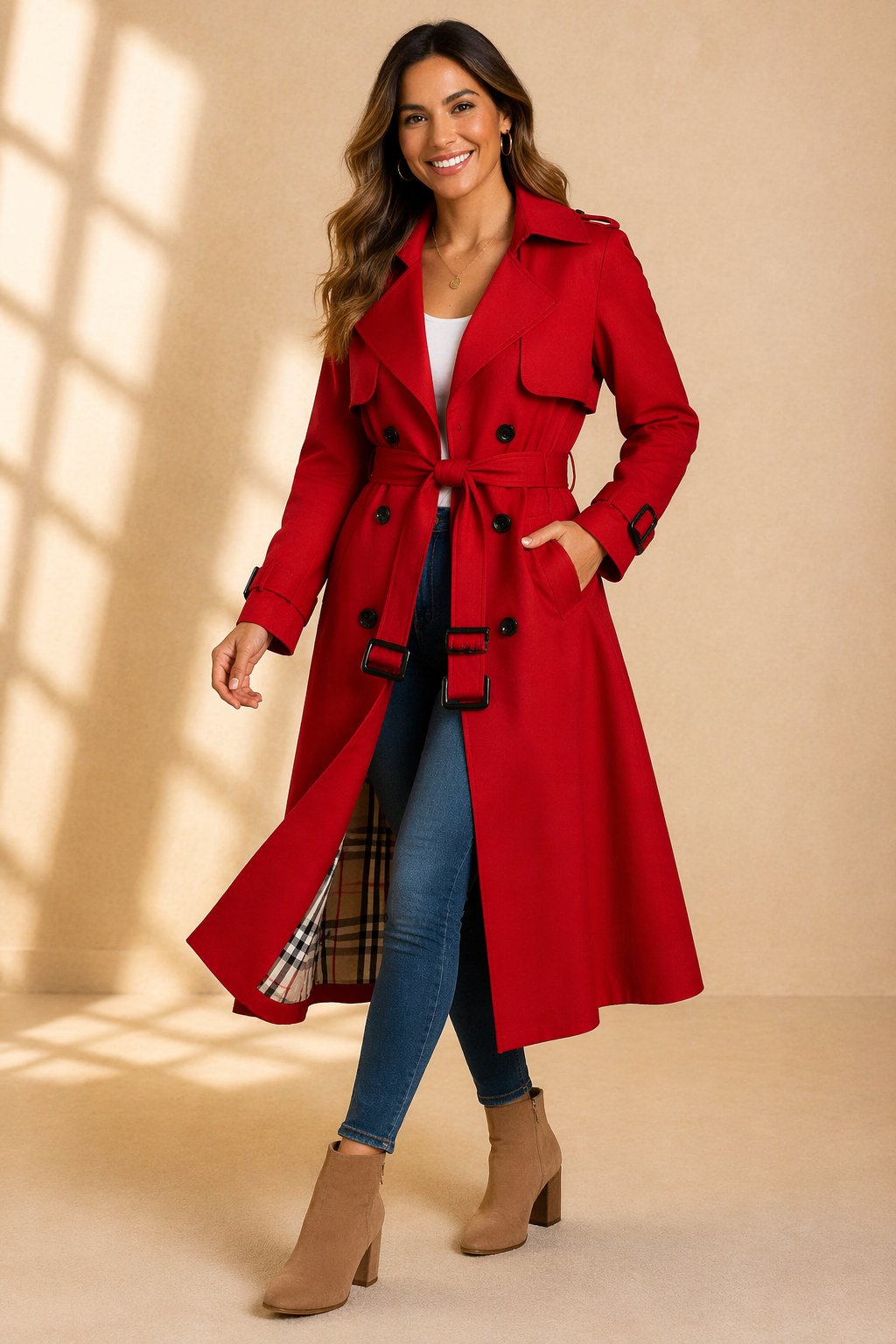 Double-Breasted Maxi Trench Coat with Tie Belt and Tartan Lining
