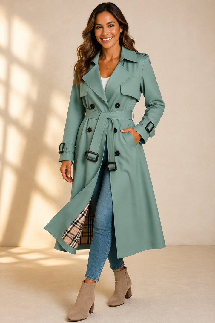 Double-Breasted Maxi Trench Coat with Tie Belt and Tartan Lining - Marl &amp; Mere
