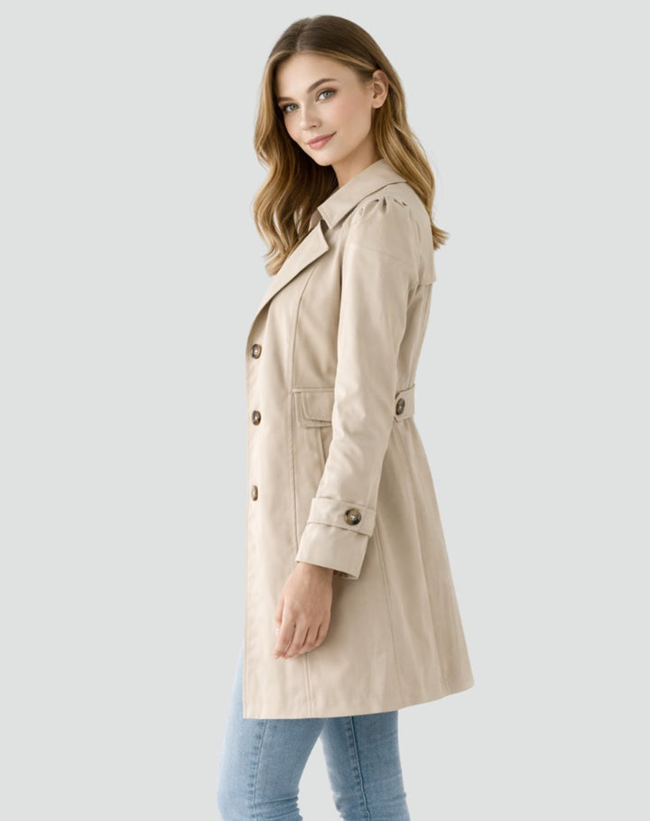 Double-Breasted Midi Trench Coat with Buttoned Cuffs and Fitted Waist
