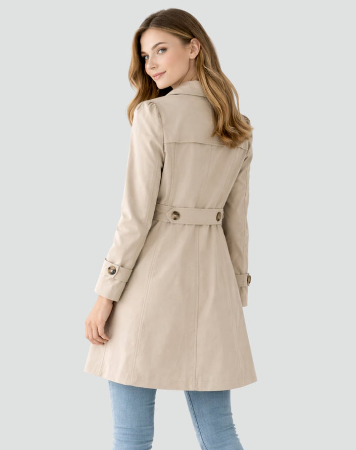 Double-Breasted Midi Trench Coat with Buttoned Cuffs and Fitted Waist