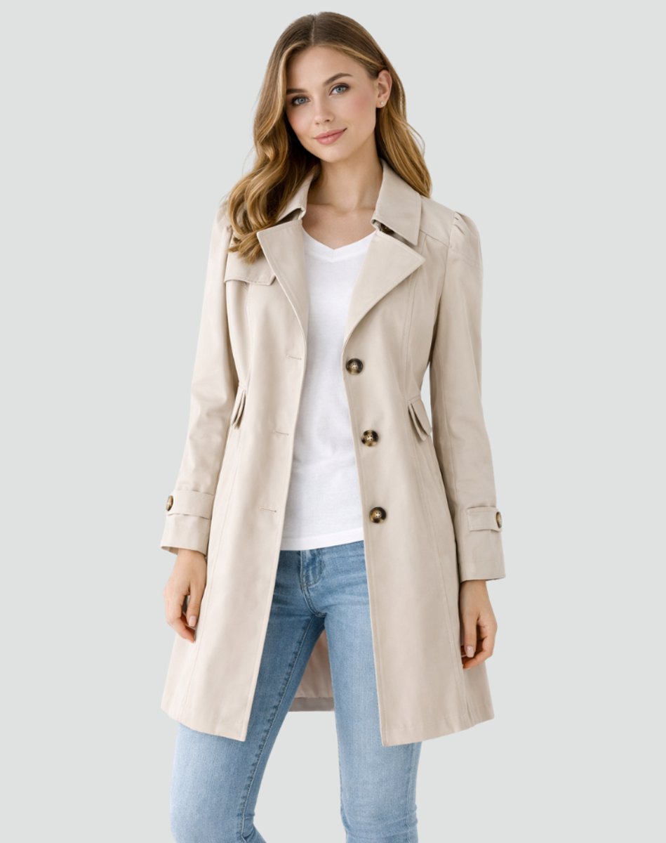Double-Breasted Midi Trench Coat with Buttoned Cuffs and Fitted Waist