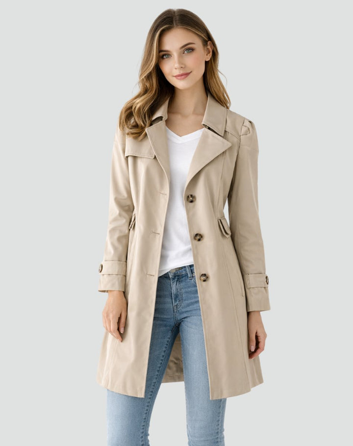 Double-Breasted Midi Trench Coat with Buttoned Cuffs and Fitted Waist - Marl &amp; Mere