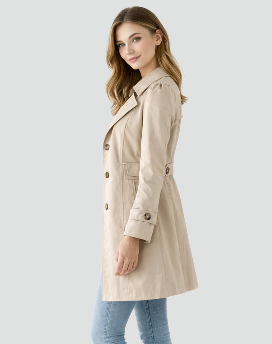 Double-Breasted Midi Trench Coat with Buttoned Cuffs and Fitted Waist - Marl &amp; Mere