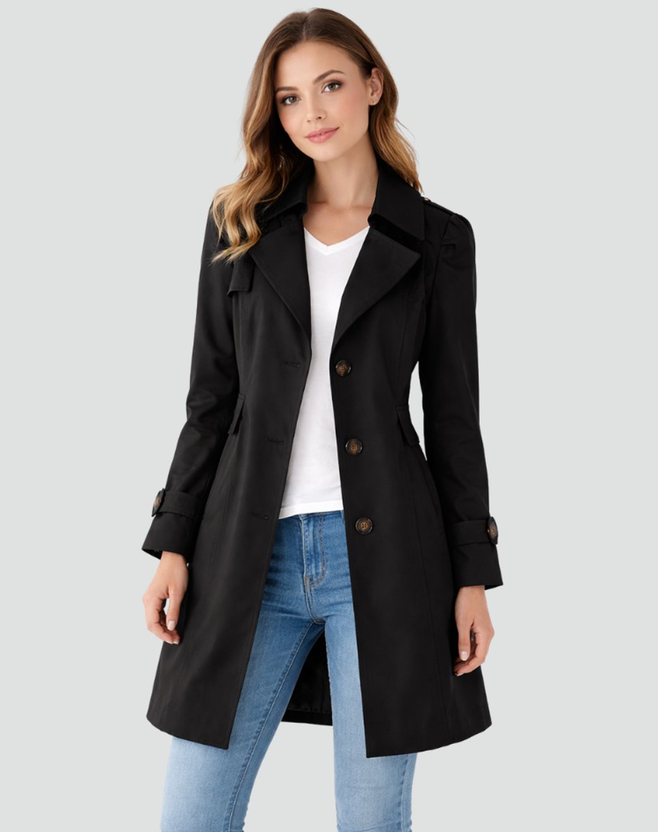 Double-Breasted Midi Trench Coat with Buttoned Cuffs and Fitted Waist - Marl &amp; Mere
