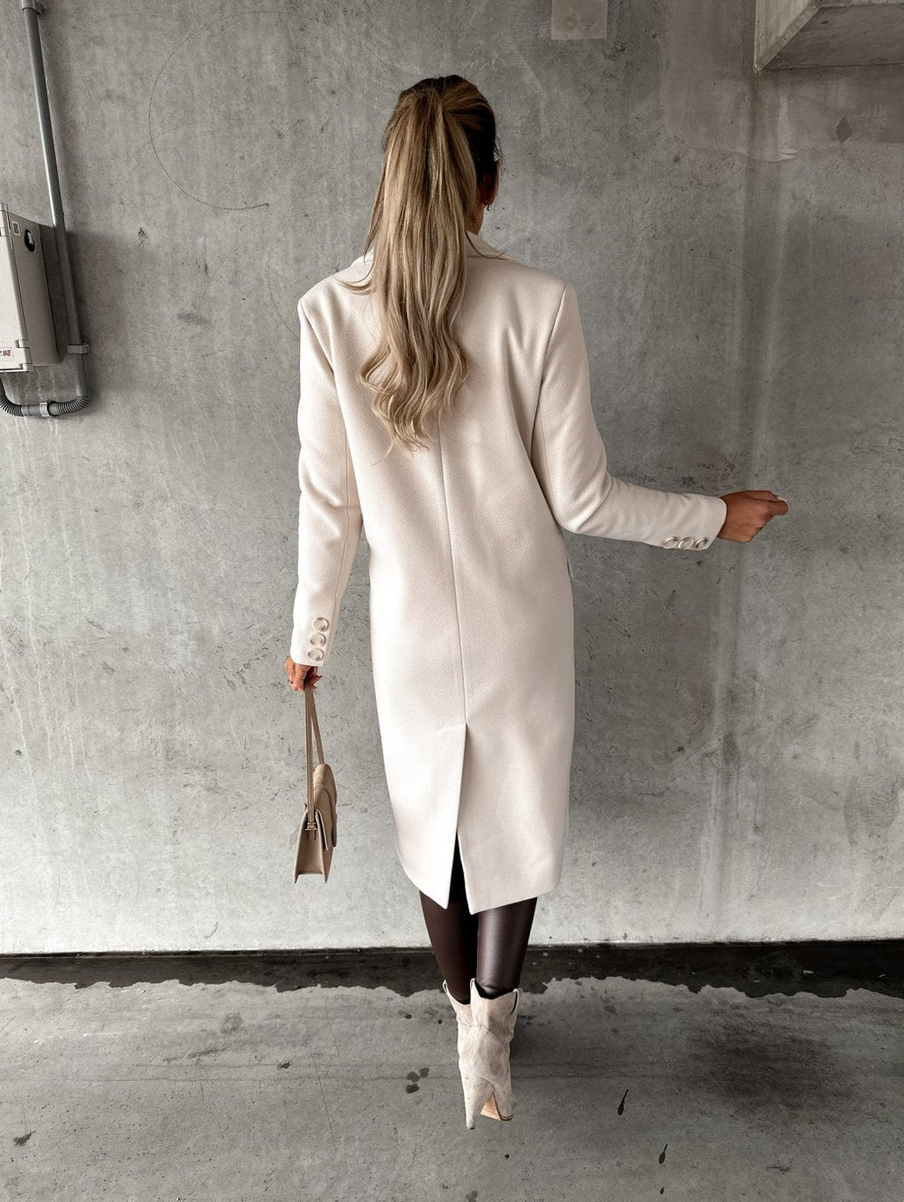 Double-Breasted Wool-Blend Long Coat with Notched Lapels