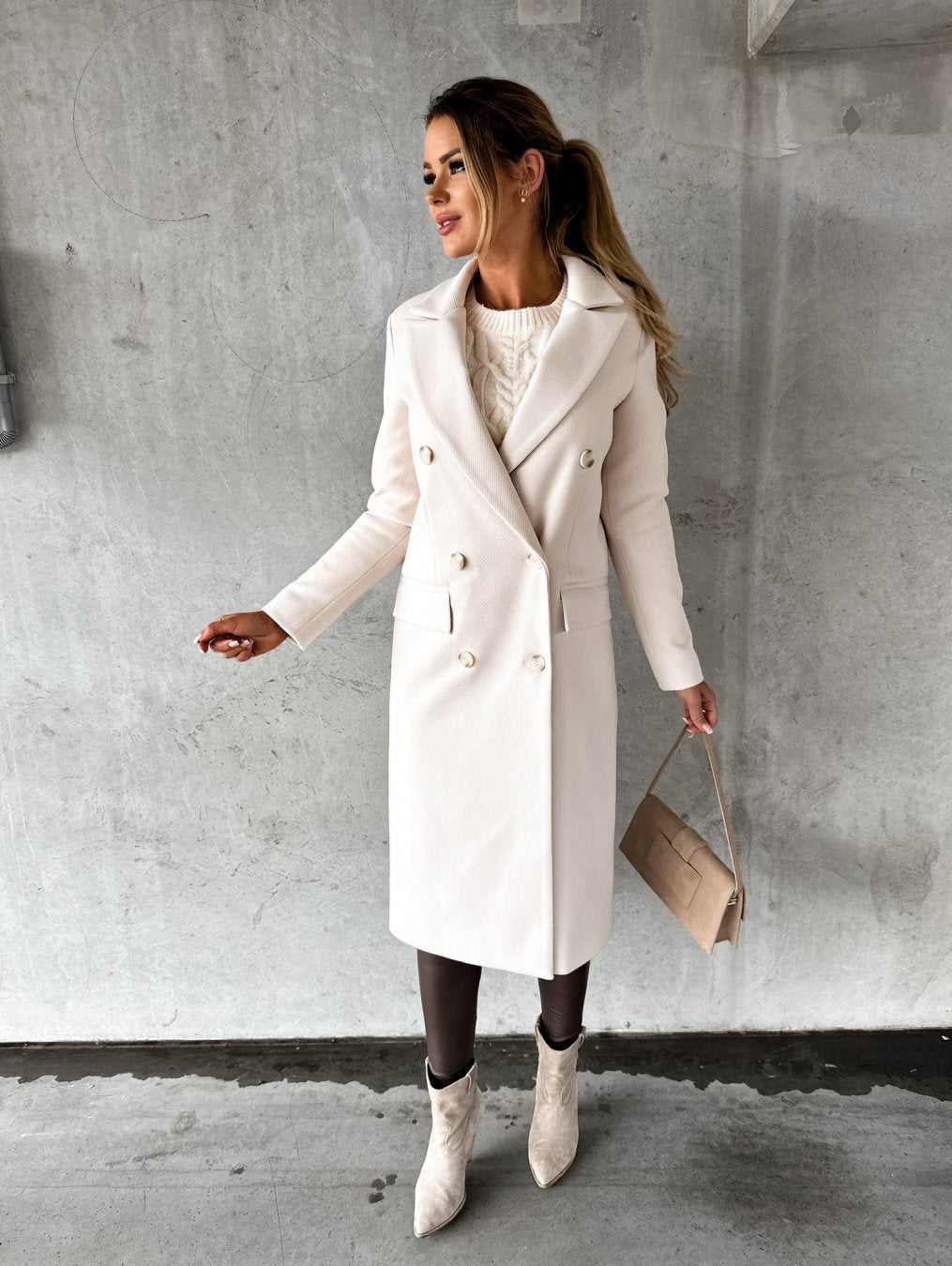 Double-Breasted Wool-Blend Long Coat with Notched Lapels