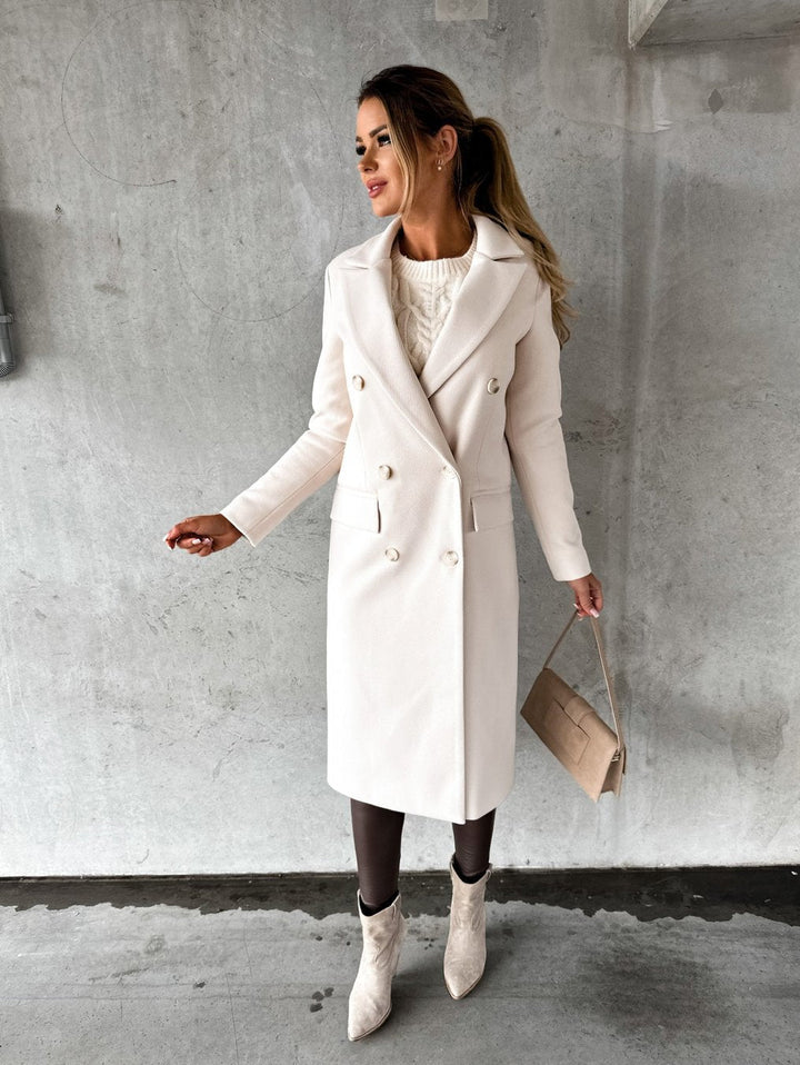 Double-Breasted Wool-Blend Long Coat with Notched Lapels
