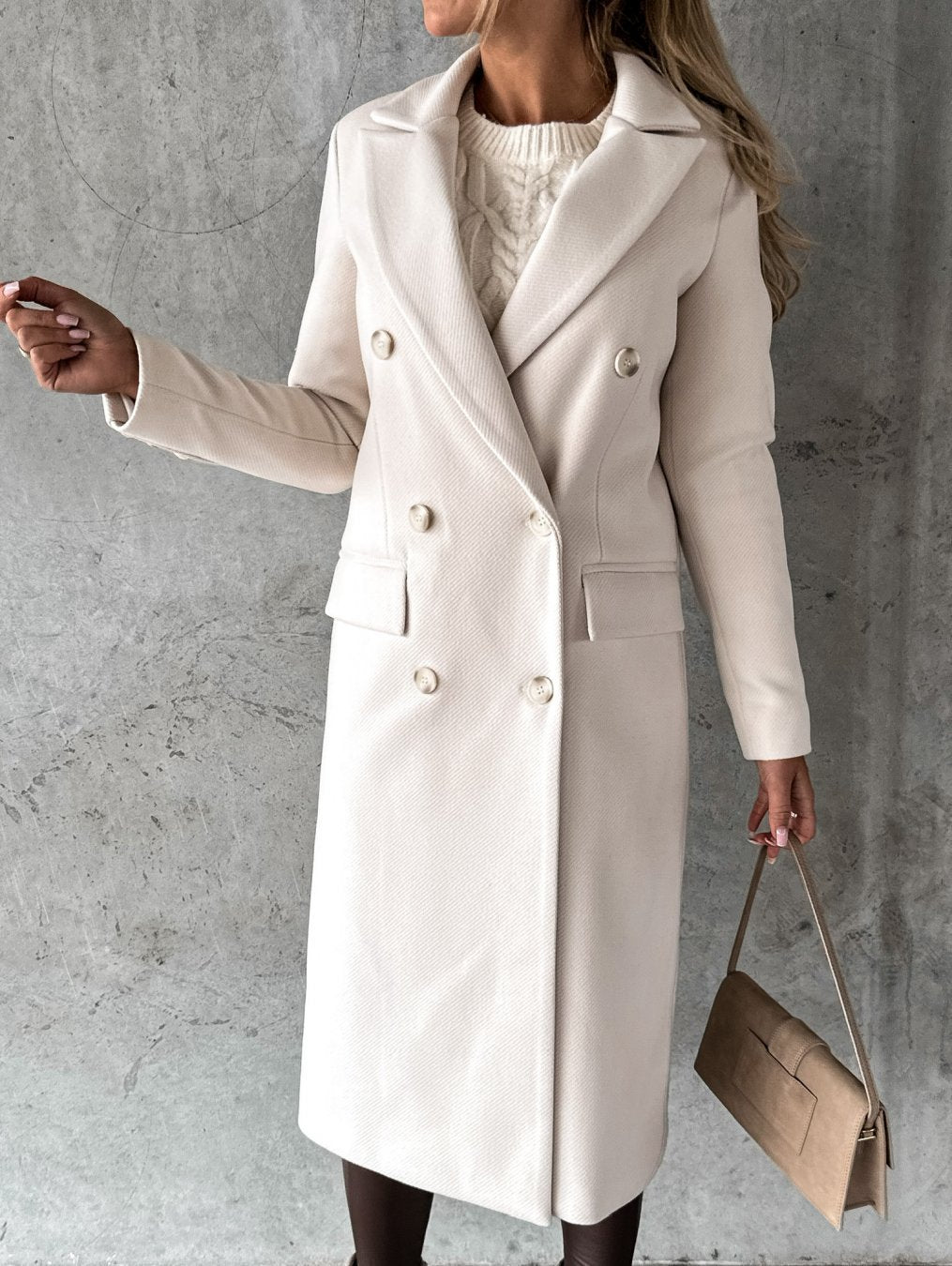 Double-Breasted Wool-Blend Long Coat with Notched Lapels