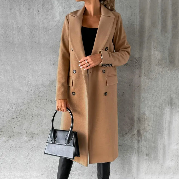Double-Breasted Wool-Blend Long Coat with Notched Lapels