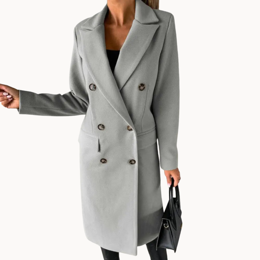Double-Breasted Wool-Blend Long Coat with Notched Lapels - Marl & Mere