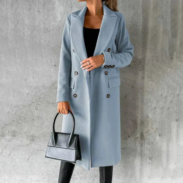 Double-Breasted Wool-Blend Long Coat with Notched Lapels - Marl &amp; Mere