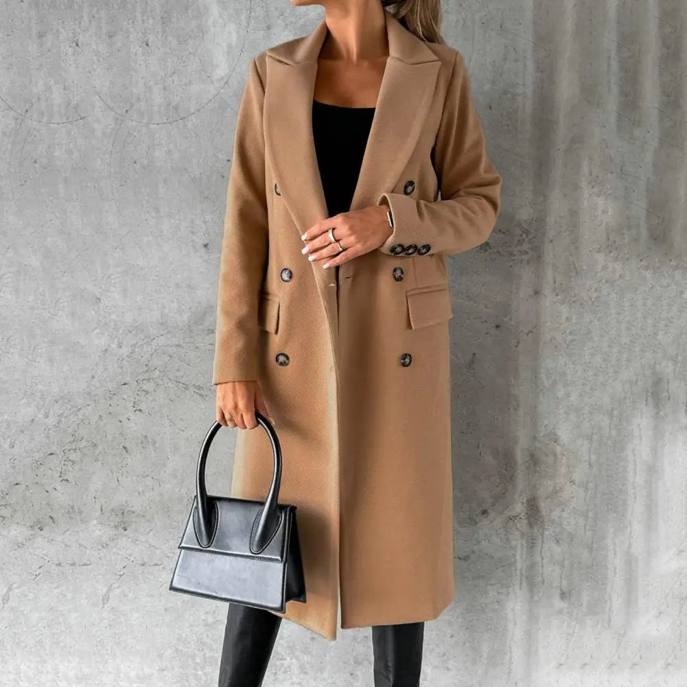 Double-Breasted Wool-Blend Long Coat with Notched Lapels - Marl &amp; Mere