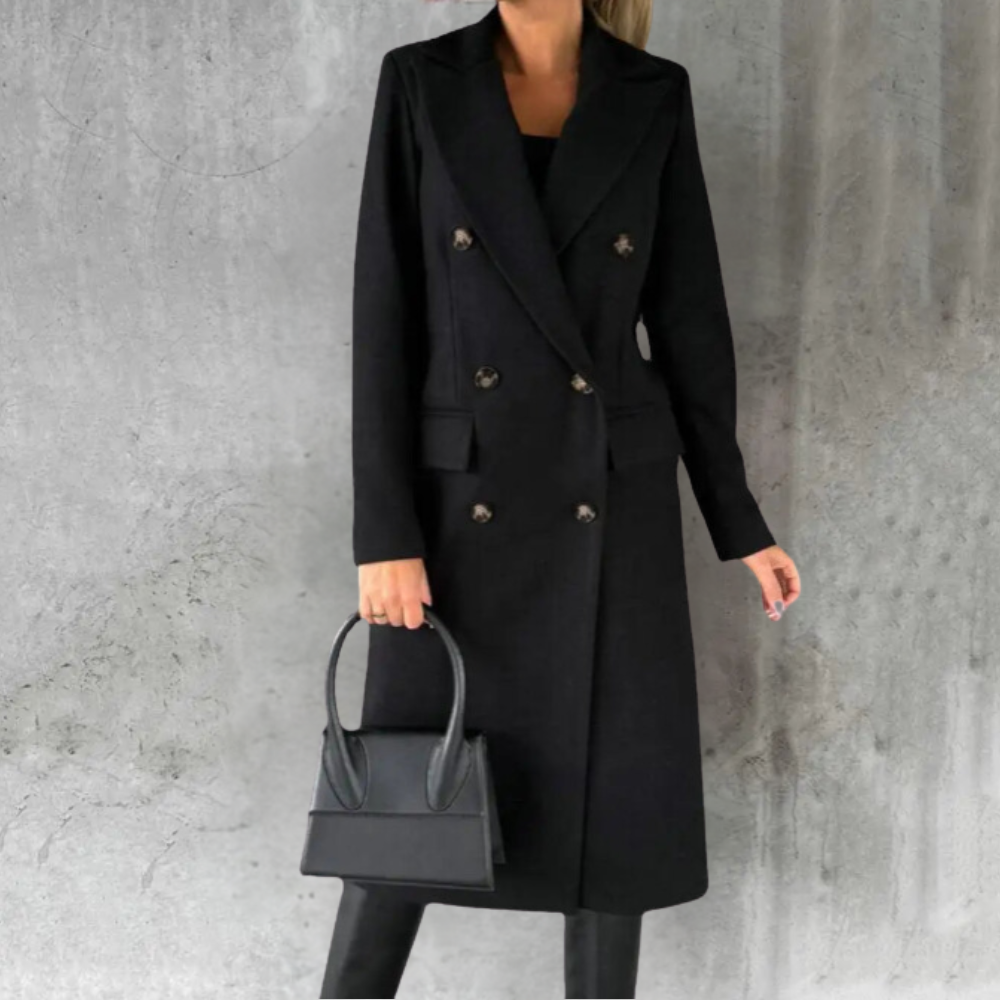 Double-Breasted Wool-Blend Long Coat with Notched Lapels - Marl &amp; Mere