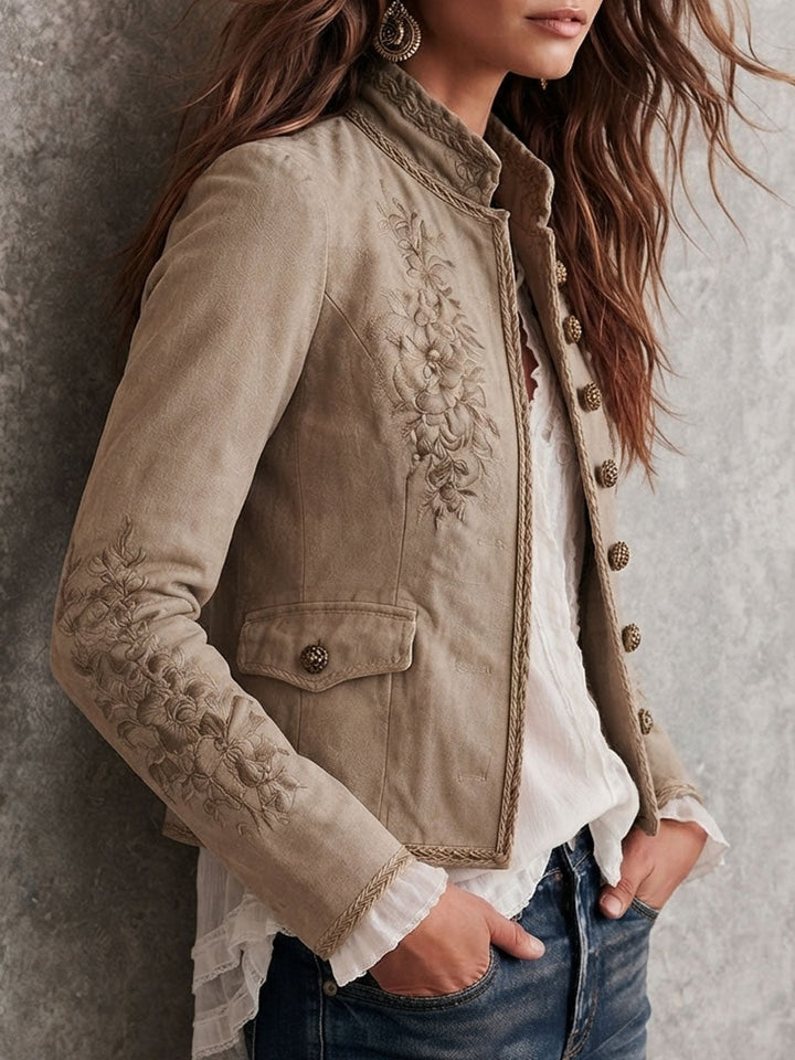 Embroidered Stand Collar Jacket with Braided Trim and Button Front
