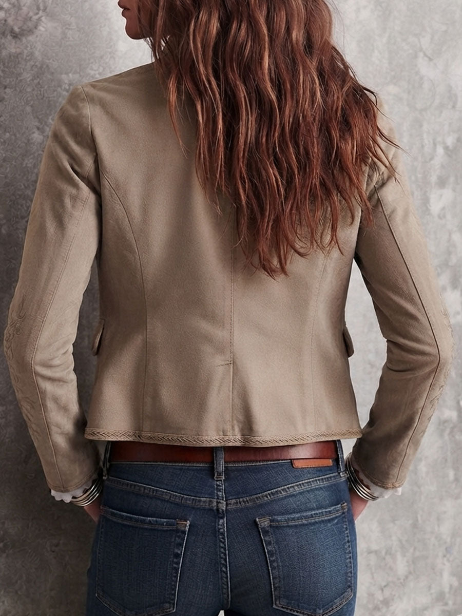 Embroidered Stand Collar Jacket with Braided Trim and Button Front