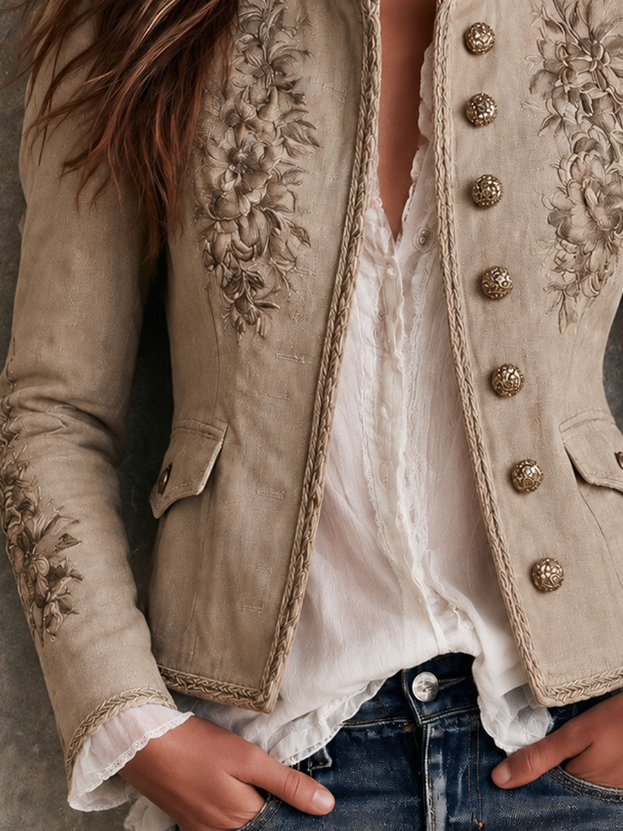 Embroidered Stand Collar Jacket with Braided Trim and Button Front