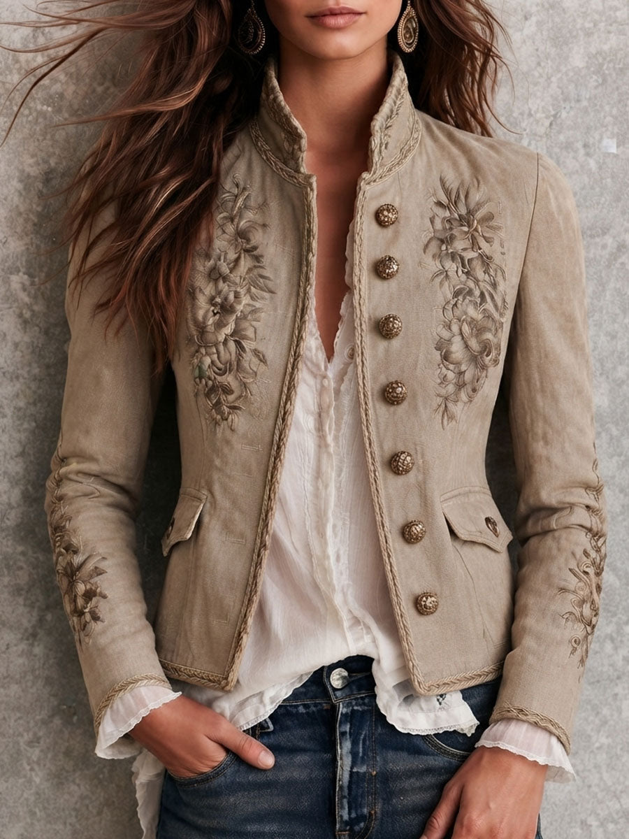 Embroidered Stand Collar Jacket with Braided Trim and Button Front