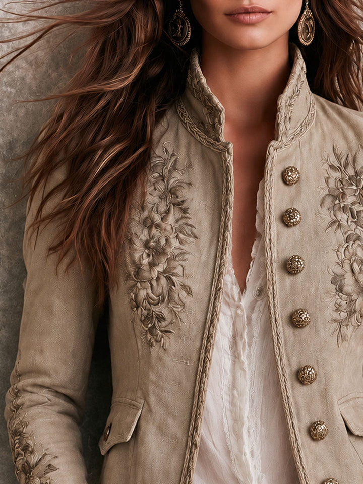 Embroidered Stand Collar Jacket with Braided Trim and Button Front - Marl &amp; Mere