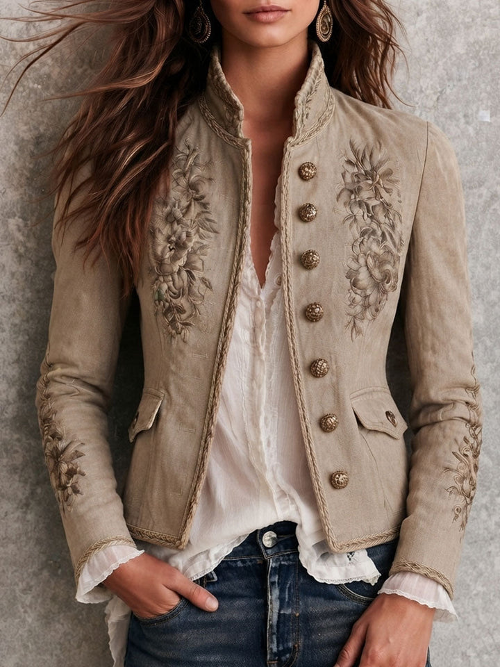 Embroidered Stand Collar Jacket with Braided Trim and Button Front - Marl &amp; Mere