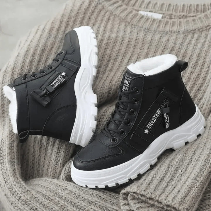 Faux Fur-Lined Lace-Up Ankle Boots with Chunky Waterproof Sole
