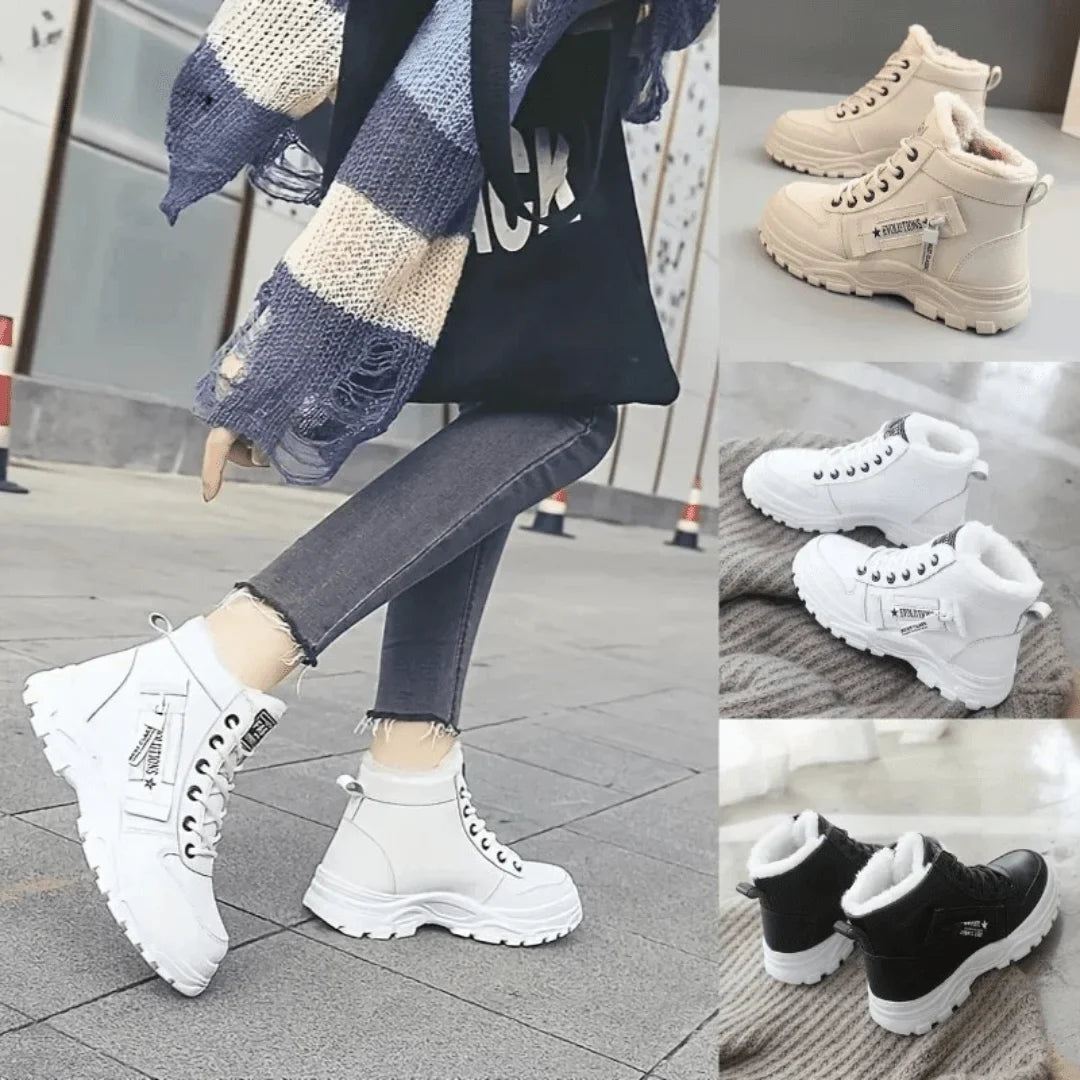 Faux Fur-Lined Lace-Up Ankle Boots with Chunky Waterproof Sole