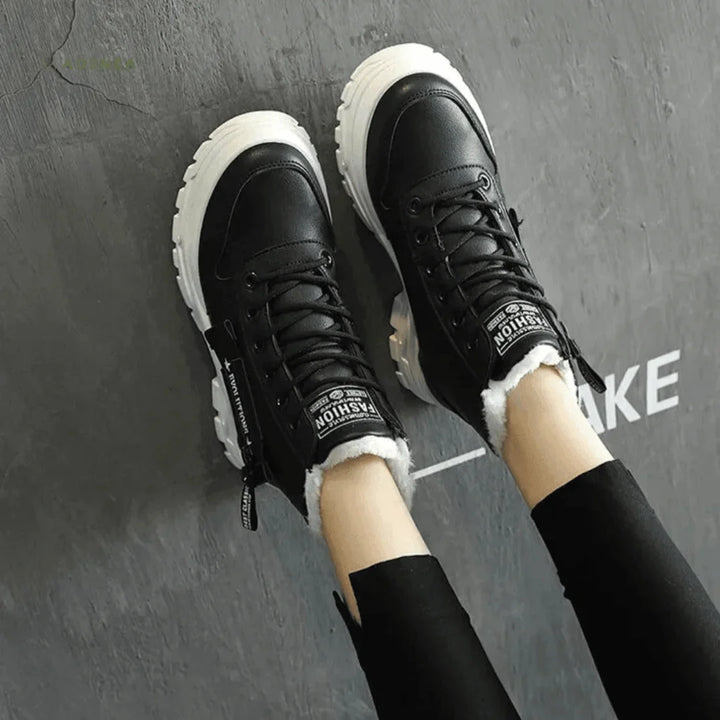 Faux Fur-Lined Lace-Up Ankle Boots with Chunky Waterproof Sole
