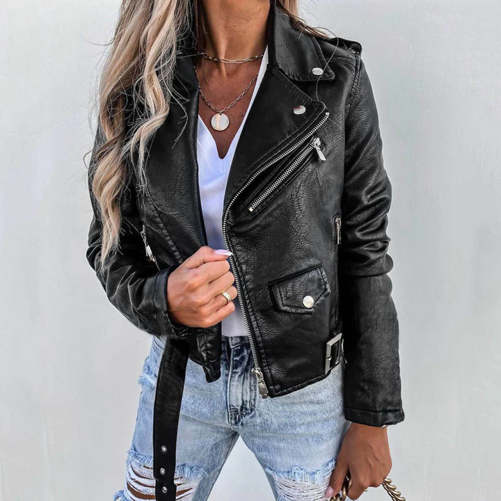 Faux Leather Biker Jacket with Asymmetric Zip, Studded Lapels and Buckle Belt