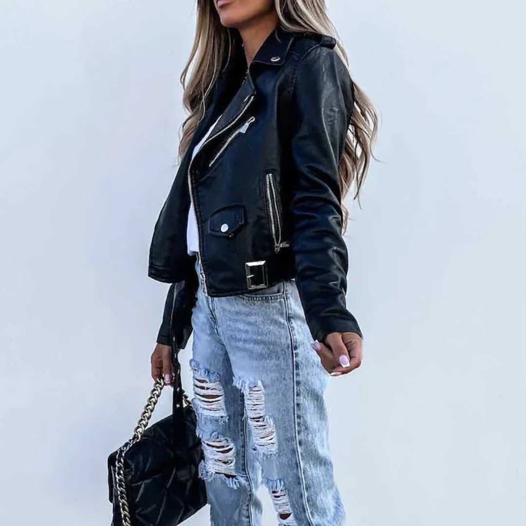 Faux Leather Biker Jacket with Asymmetric Zip, Studded Lapels and Buckle Belt