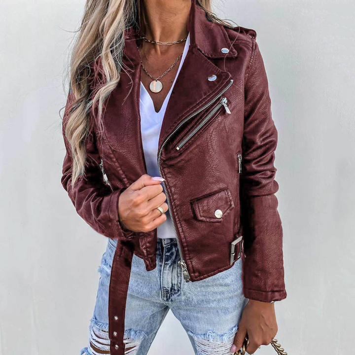 Faux Leather Biker Jacket with Asymmetric Zip, Studded Lapels and Buckle Belt